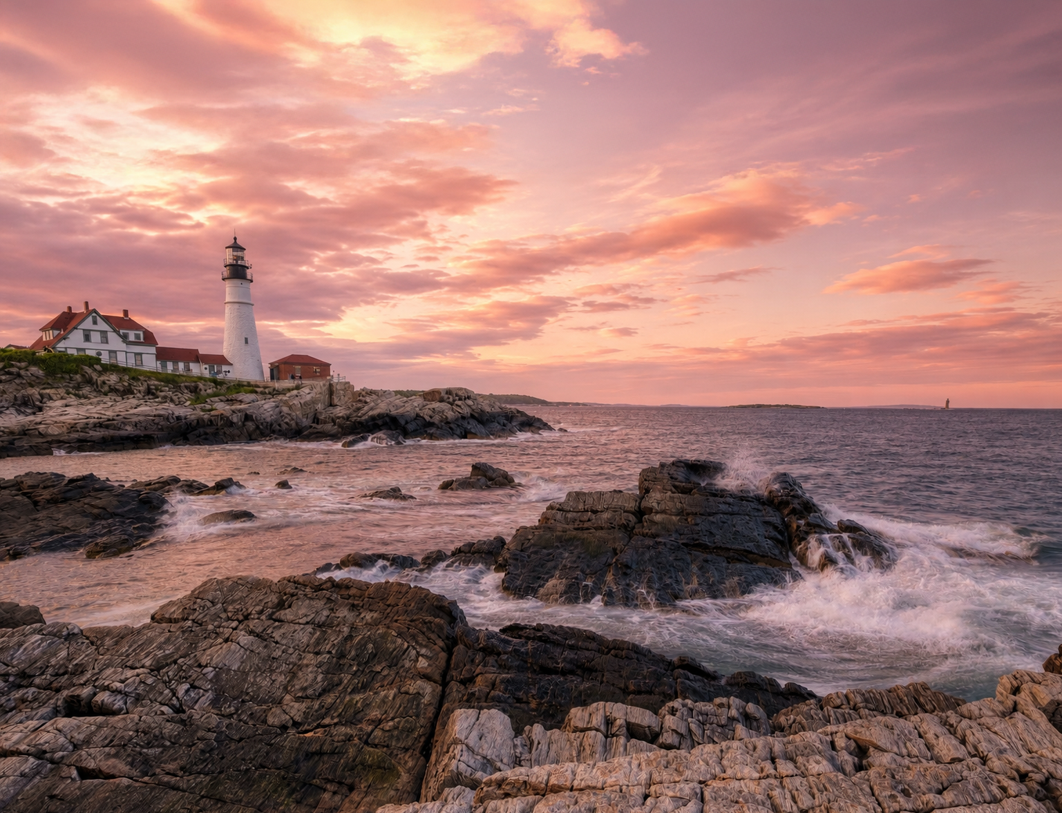 Lighthouse on the rocky Maine coast at sunset